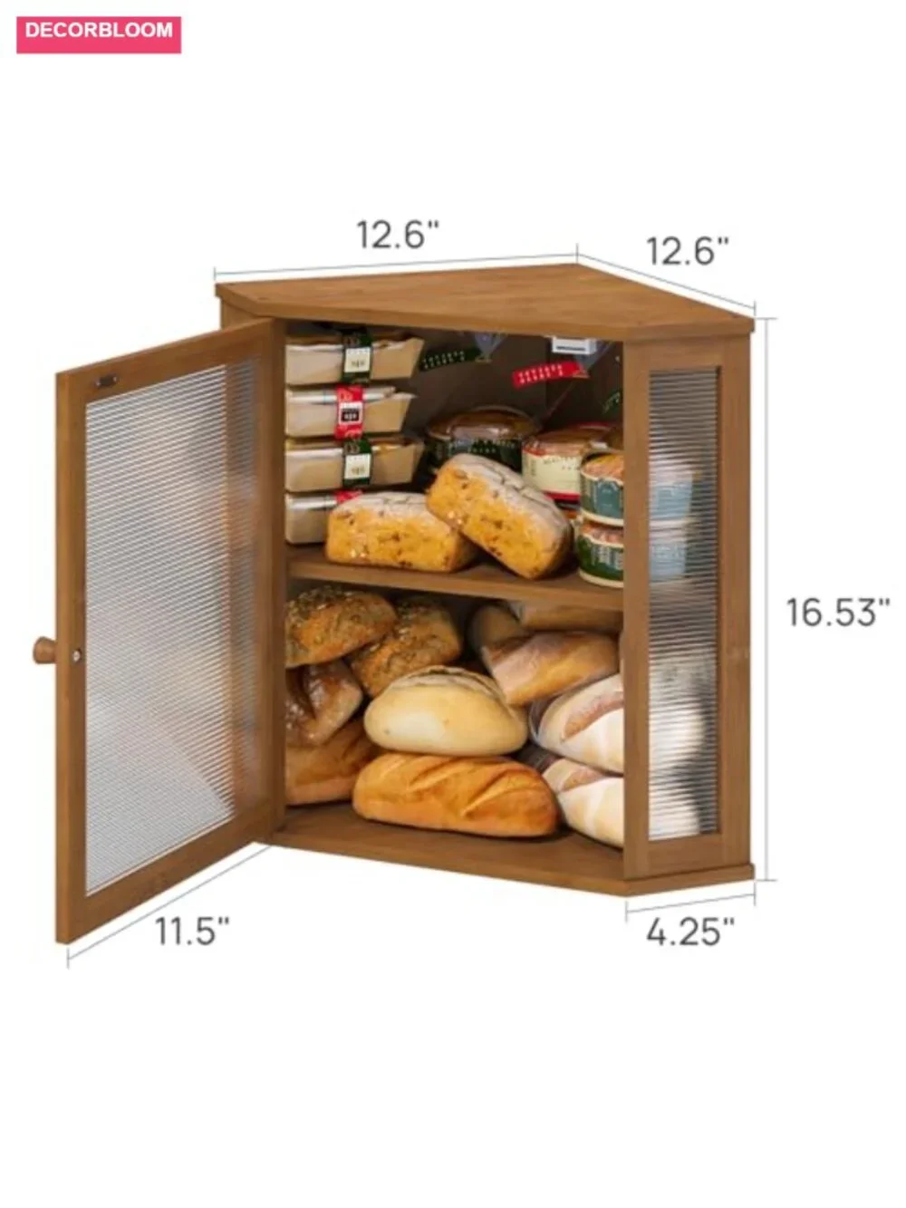 Large Capacity Bamboo Wood Bread Box, Corner Storage with Acrylic Wavy Door